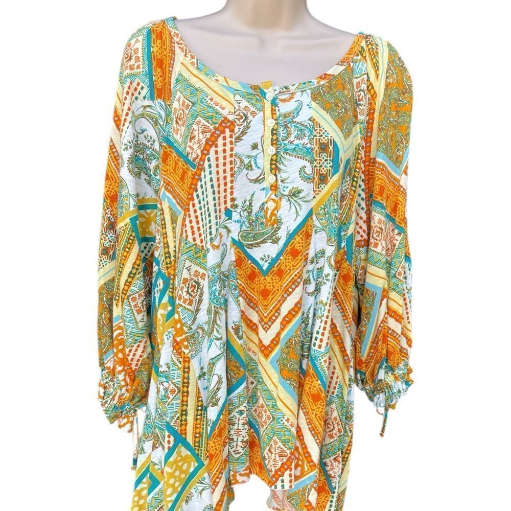 Cato Multicolor Patchwork Blouse super soft long sleeves ties bottom front Large